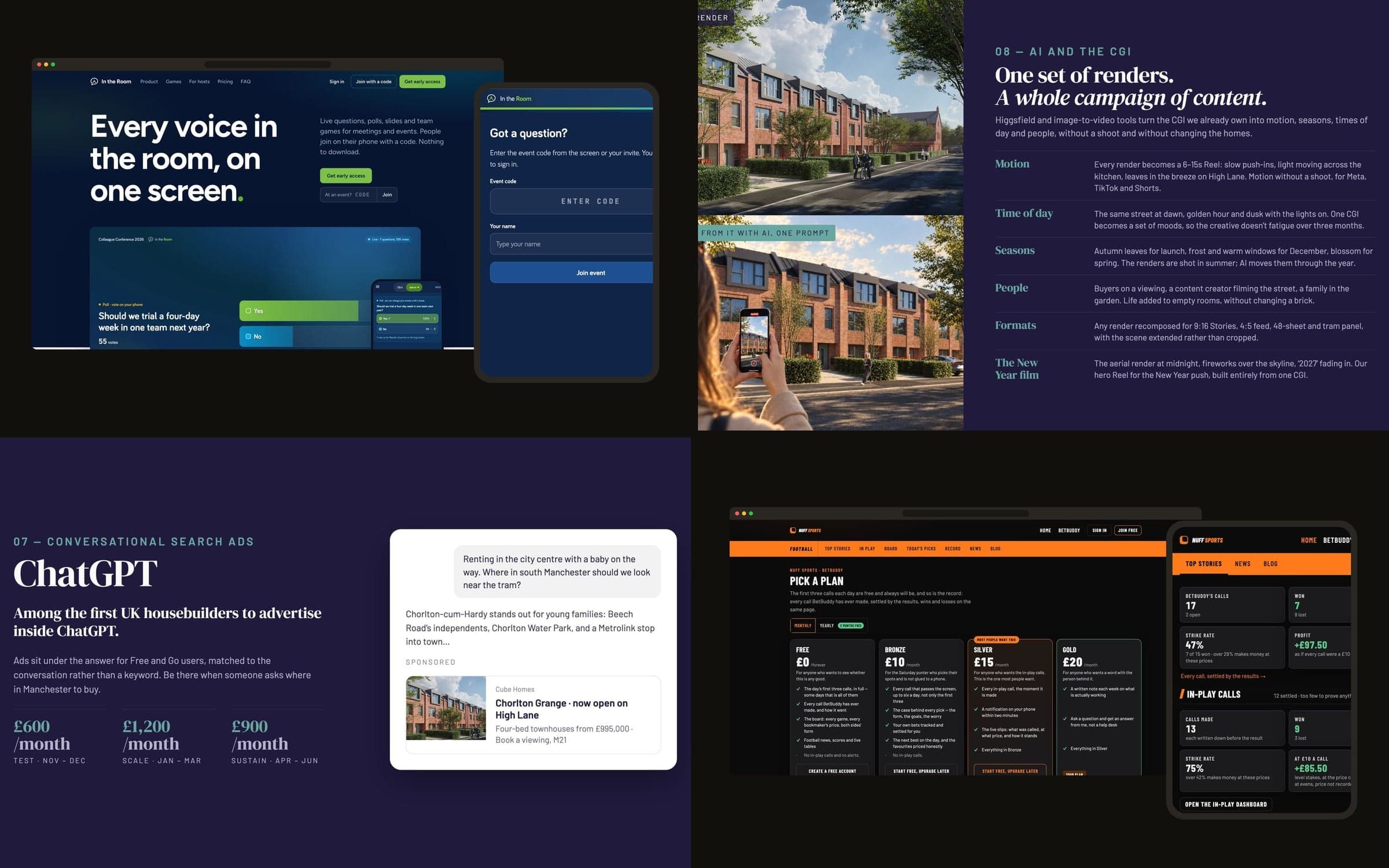 AI work at a glance: the In the Room events app, a CGI render turned into AI content, a sponsored ad inside ChatGPT, and the Nuff Sports app