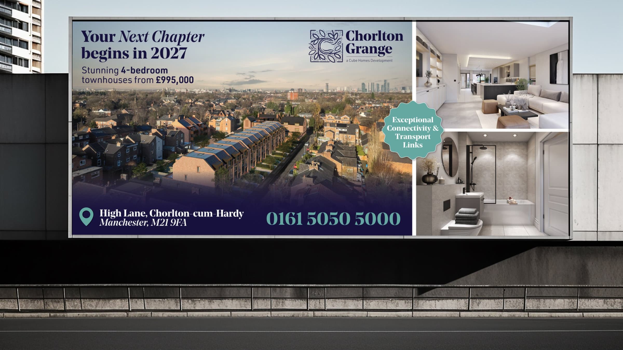 “Your next chapter begins in 2027” roadside billboard with the Chorlton Grange townhouses