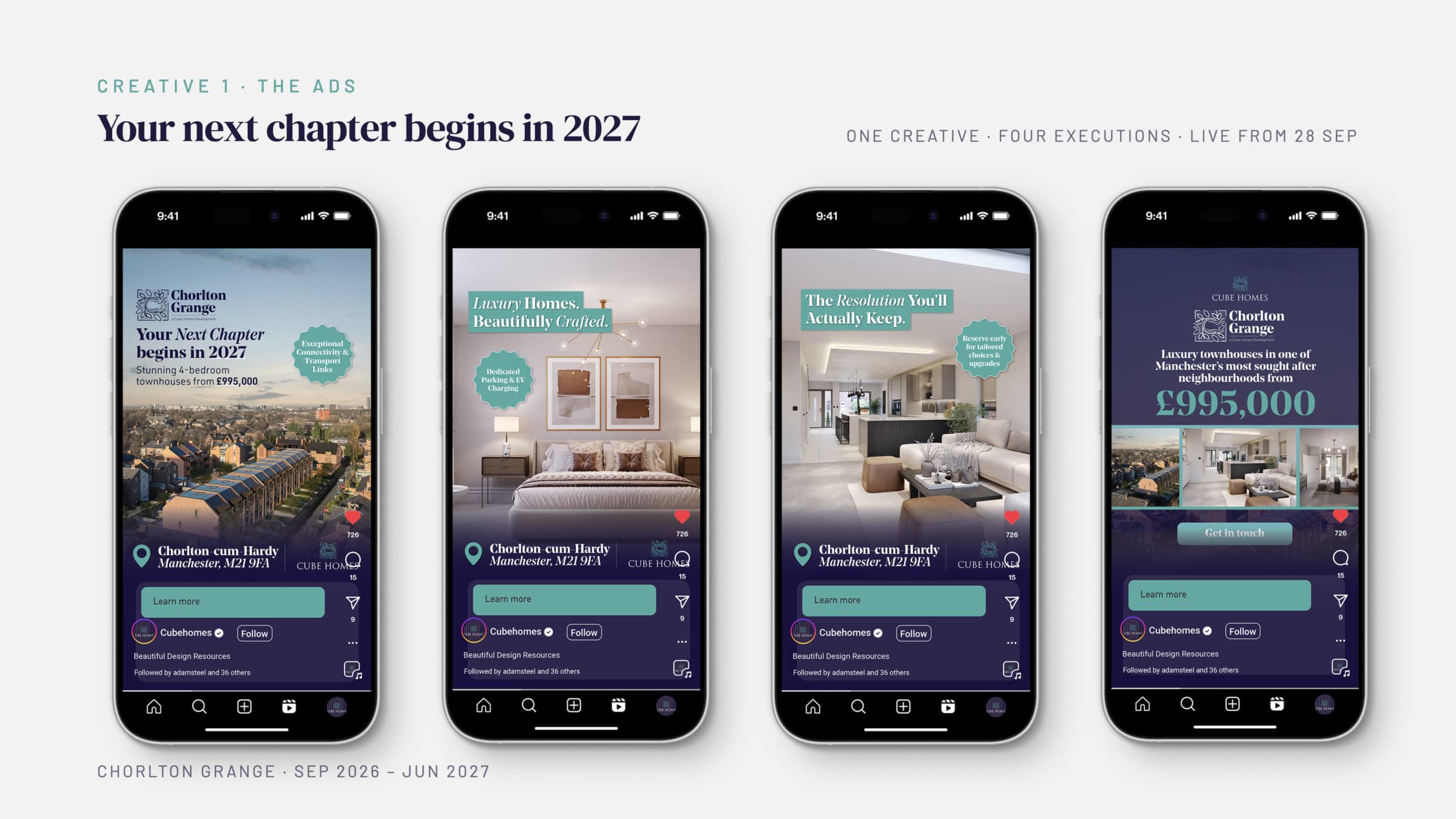 Creative 1 ads on four phones: “Your next chapter begins in 2027”, townhouses from £995,000
