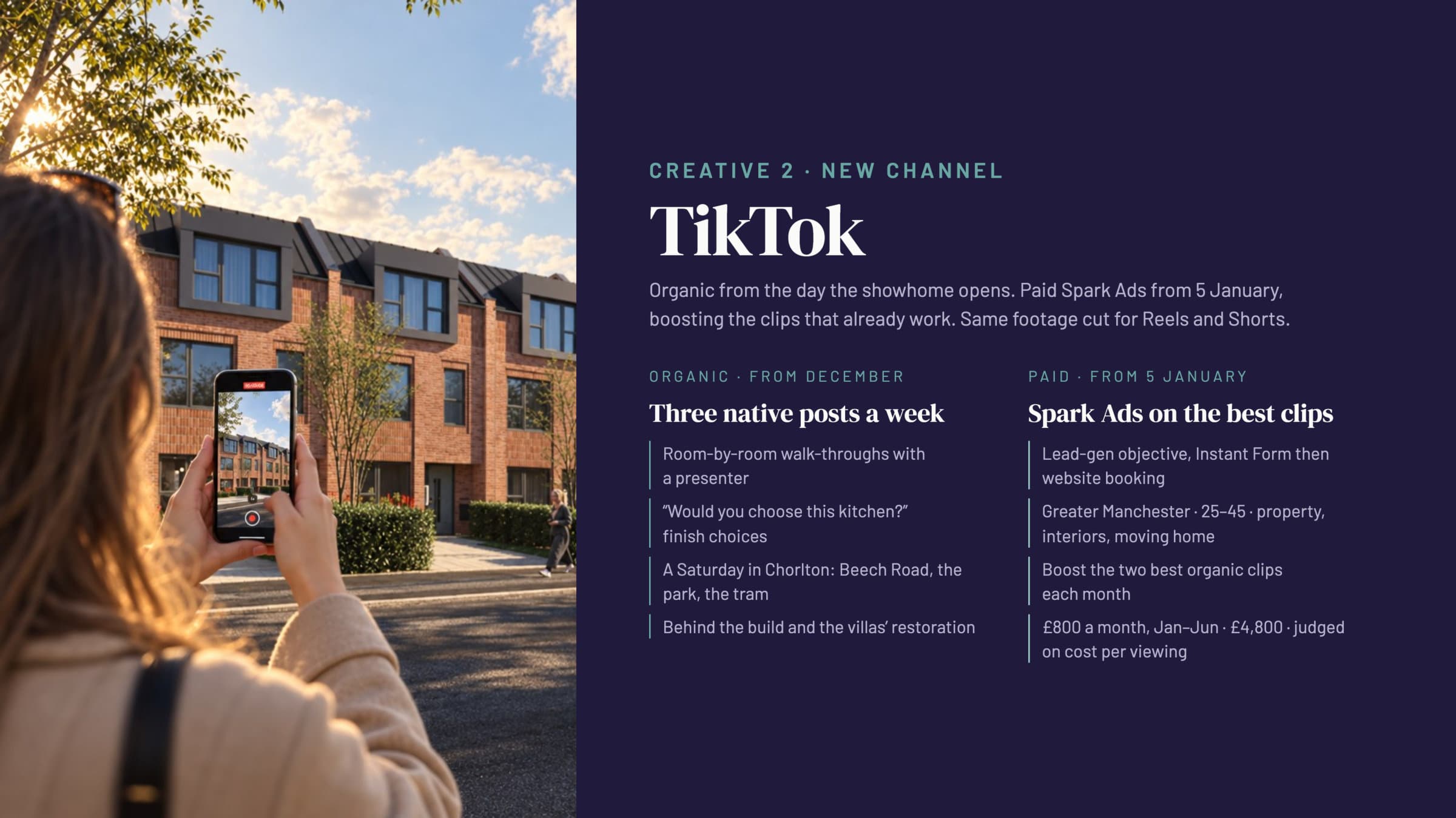 TikTok plan: organic room-by-room walk-throughs from December, Spark Ads from January