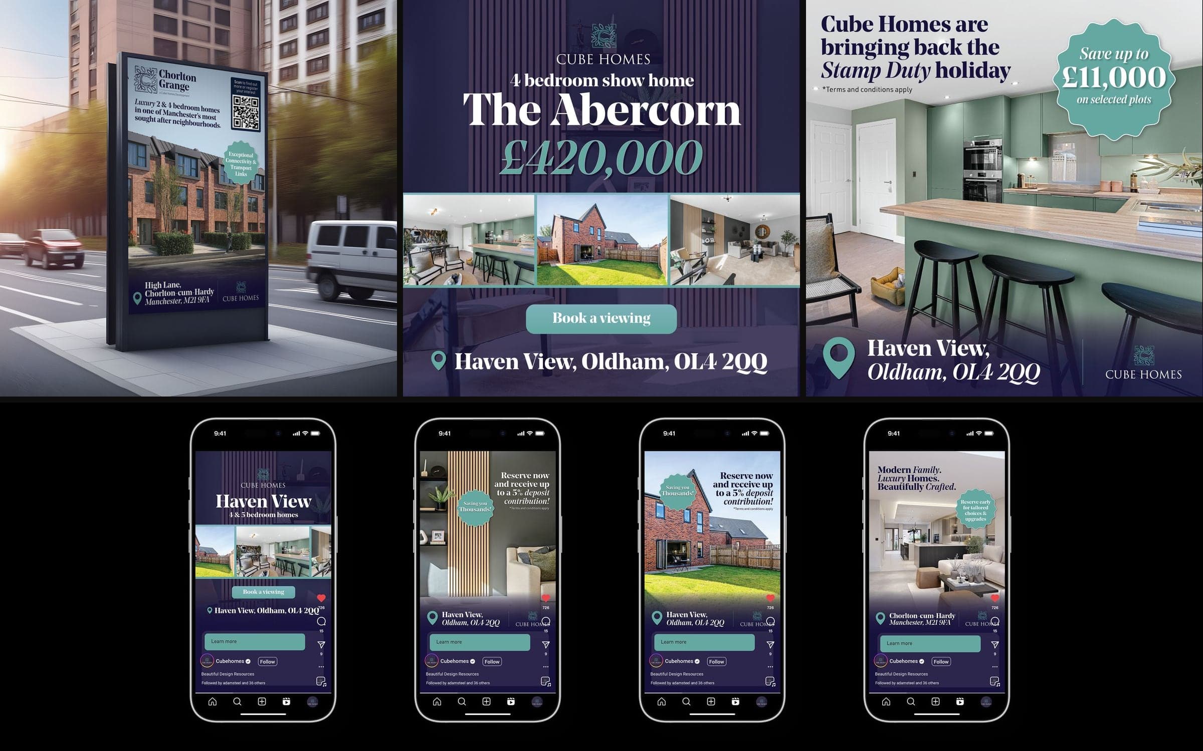 Cube Homes campaign collage: a Chorlton Grange billboard, The Abercorn show home ad, the Stamp Duty holiday offer and four vertical ads on phones