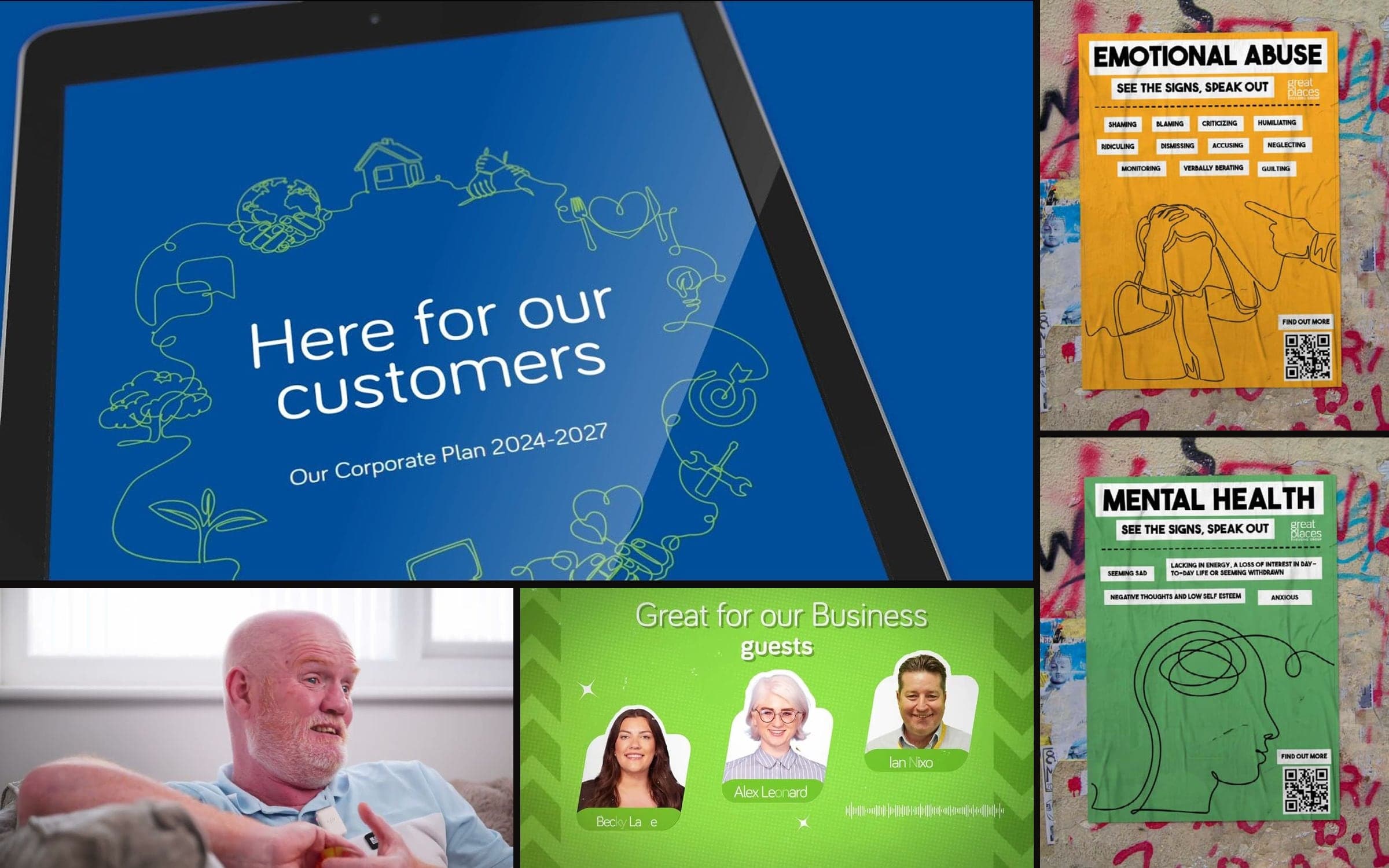 Great Places work at a glance: the Corporate Plan launch film, Dean’s Story, the Great People Live show, and two See the Signs posters