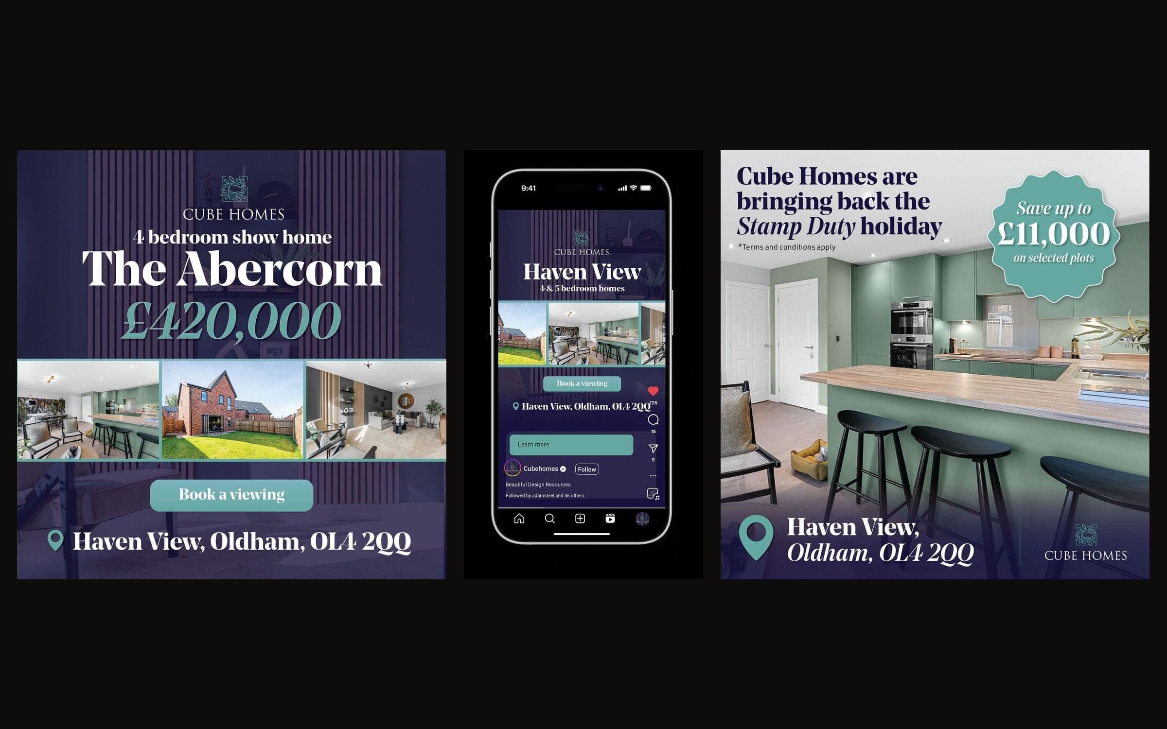 Haven View ad set: The Abercorn show home, an Instagram ad on a phone, and the Stamp Duty holiday offer
