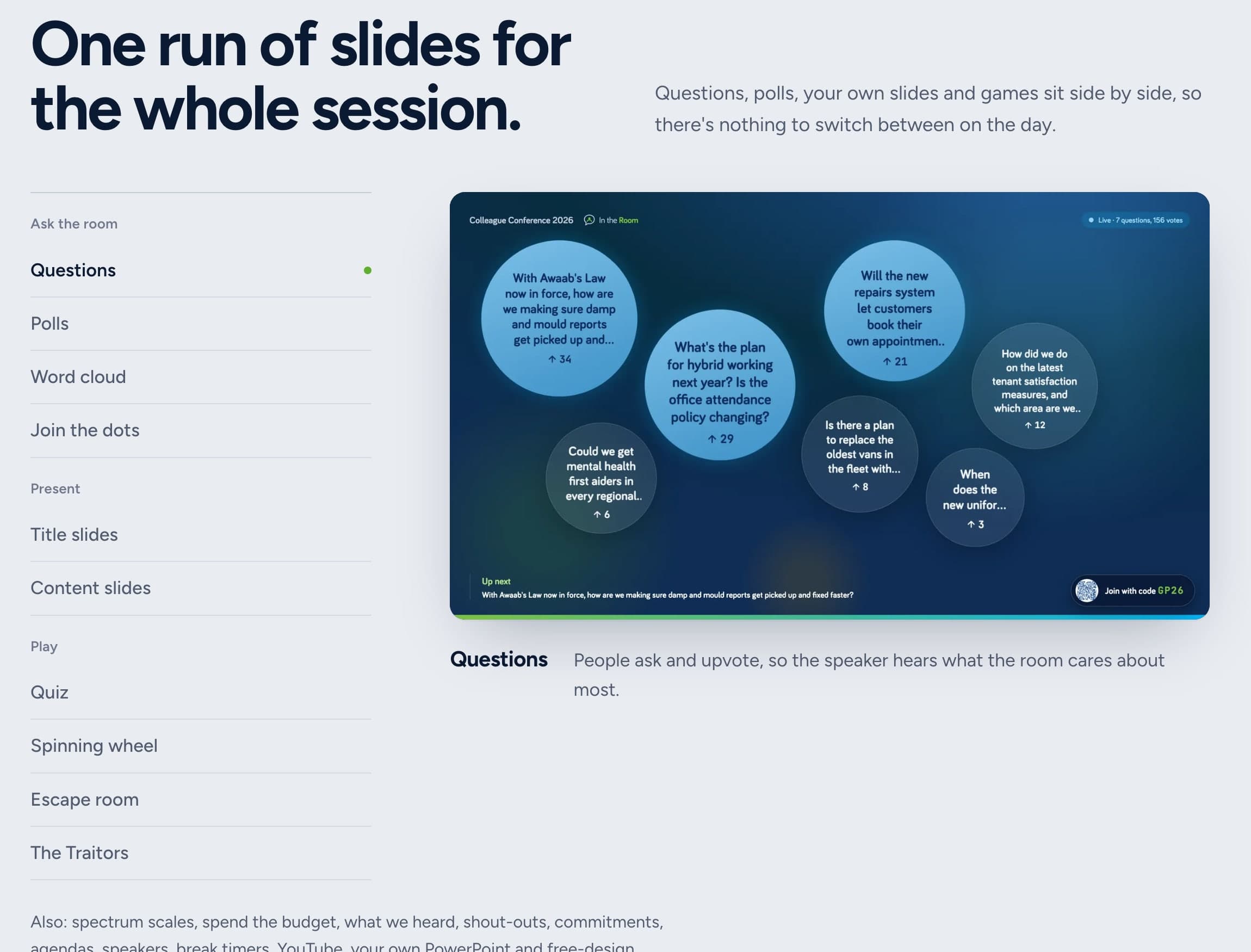 One run of slides for the whole session: questions, polls, word cloud, slides, quiz, spinning wheel, escape room and The Traitors