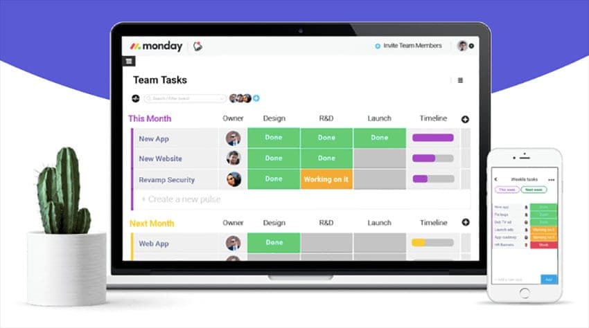 Monday.com team task board shown on a laptop and phone