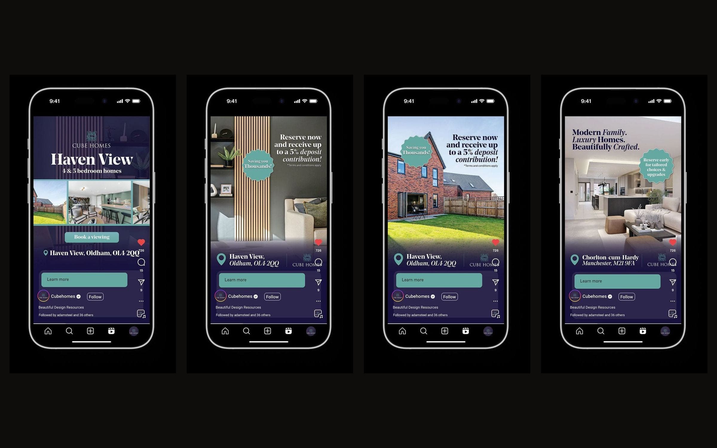 Four vertical ads for Haven View and Chorlton Grange shown on phones