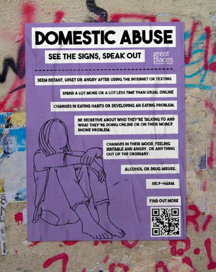 Purple Domestic Abuse poster listing warning signs, with a line illustration of a young person hugging their knees
