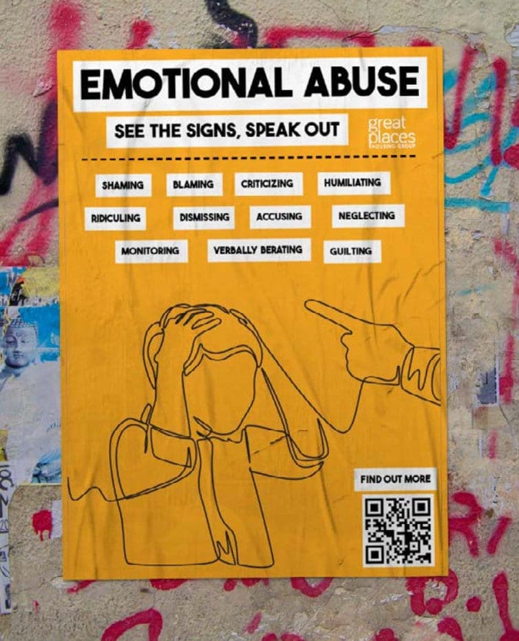 Orange Emotional Abuse poster: shaming, blaming, criticising, humiliating — with a line illustration of a pointing finger