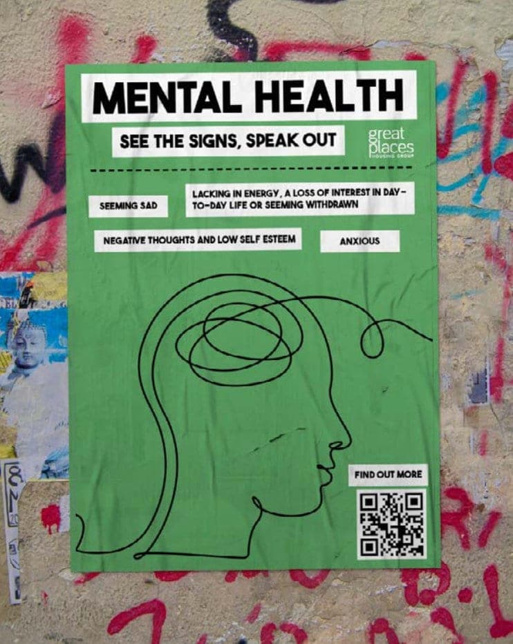 Green Mental Health poster: seeming sad, anxious, low self-esteem — with a tangled line illustration inside a head