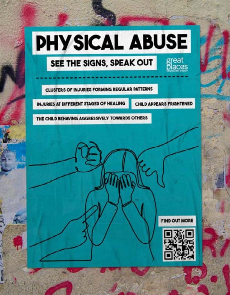 Teal Physical Abuse poster listing warning signs, with a line illustration of a child covering their face
