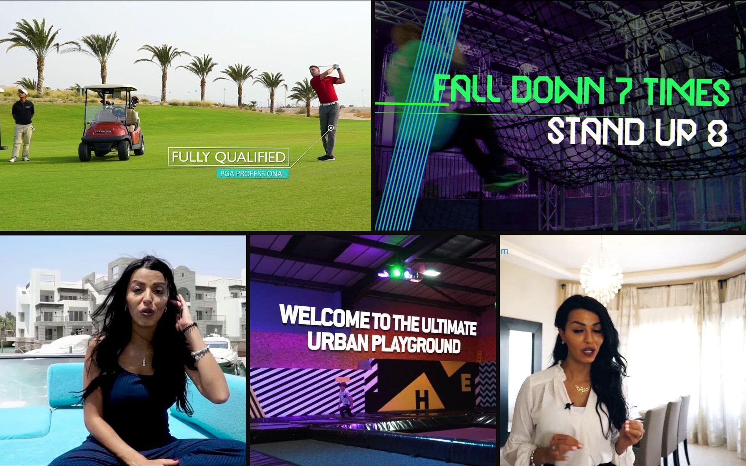 SM Studios film stills: the Ayla Golf Academy film, the YourAmlak presenter at the Ayla marina and in a show home, and two Jump Inc promo frames — “Fall down 7 times, stand up 8” and “Welcome to the ultimate urban playground”