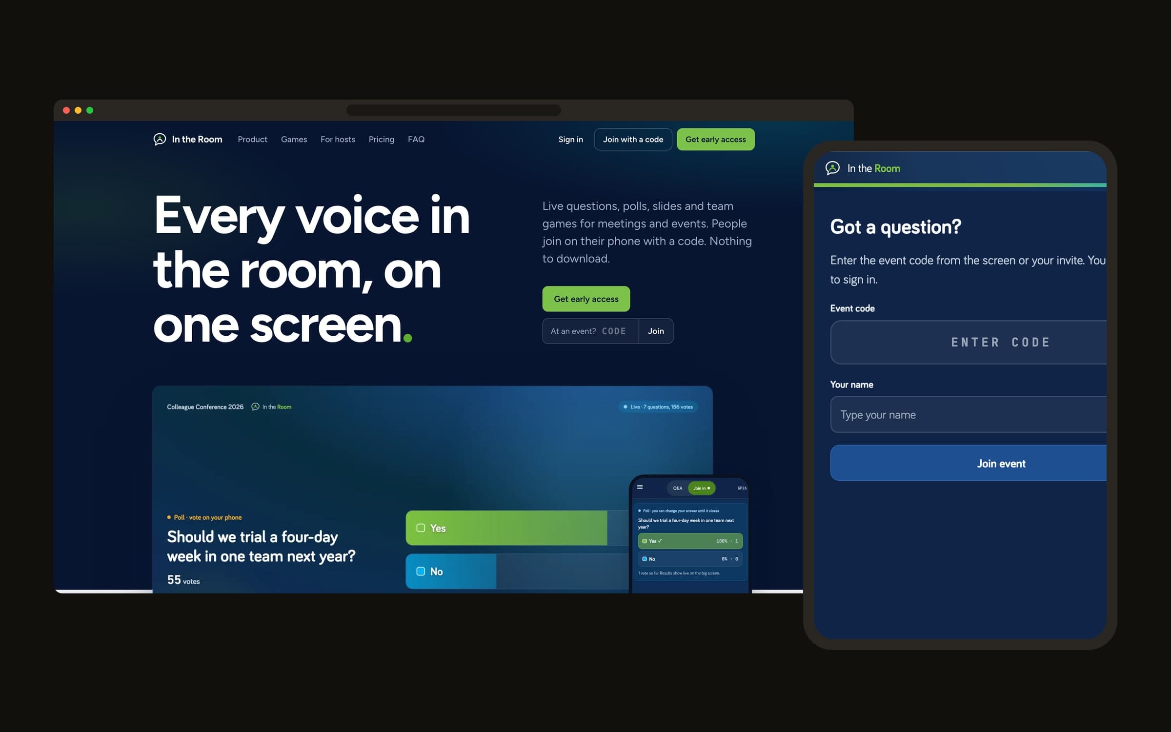 In the Room on a laptop and a phone: “Every voice in the room, on one screen” with a live poll, and the join screen asking for an event code