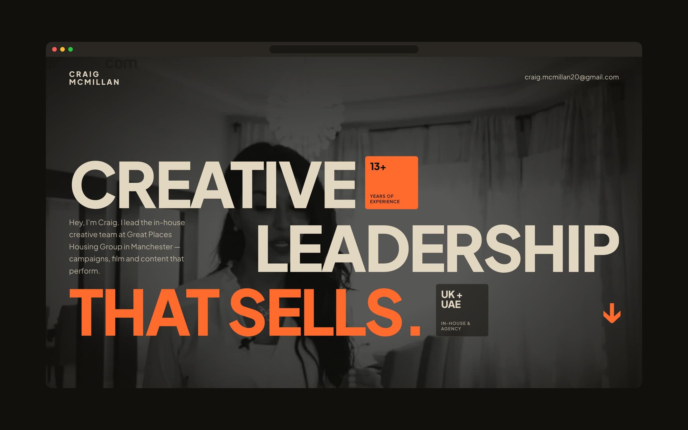 This portfolio’s homepage in a browser: “Creative leadership that sells.”